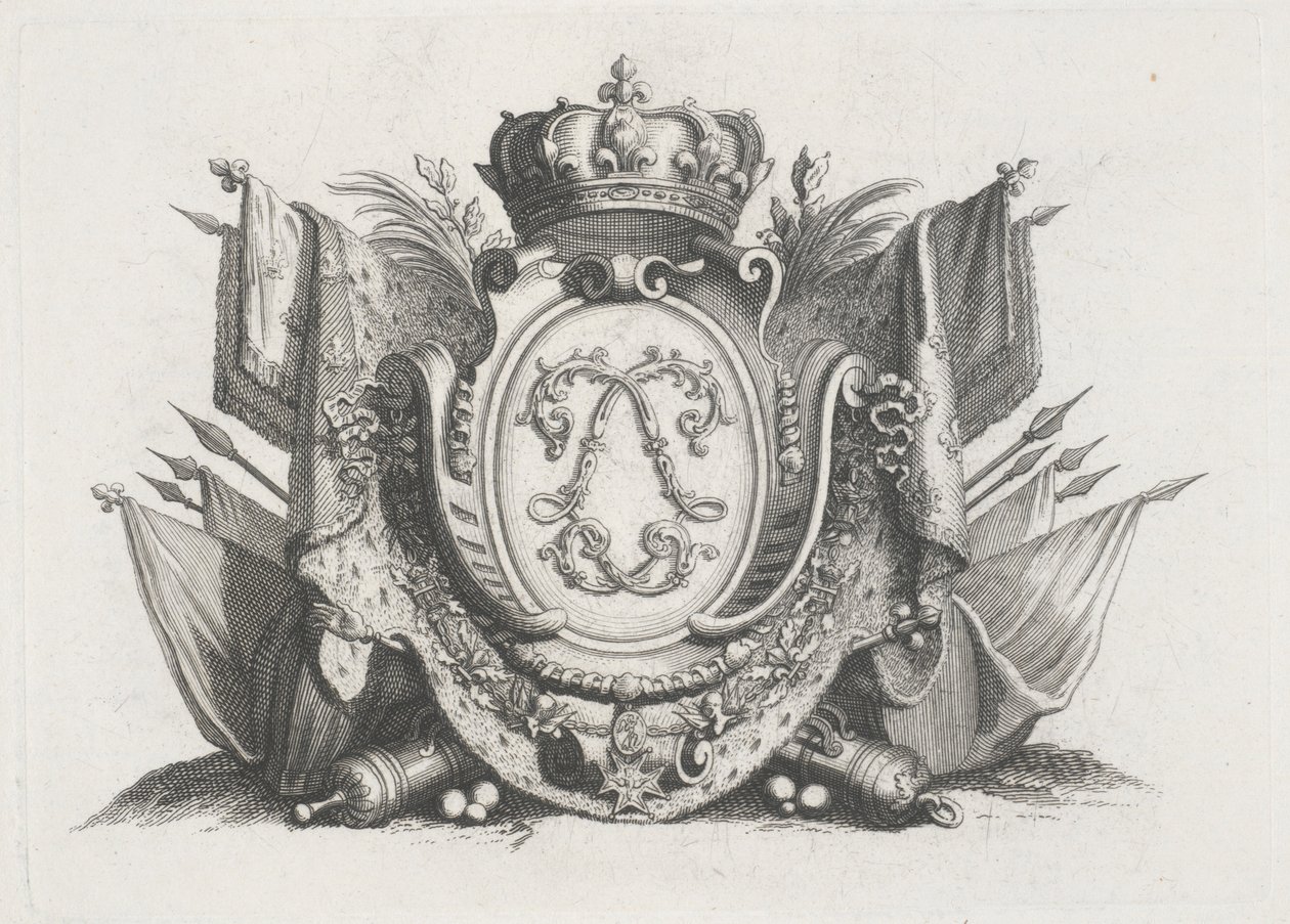 Königliches Wappen mit Krone und Flaggen und verschlungenen  von Unknown