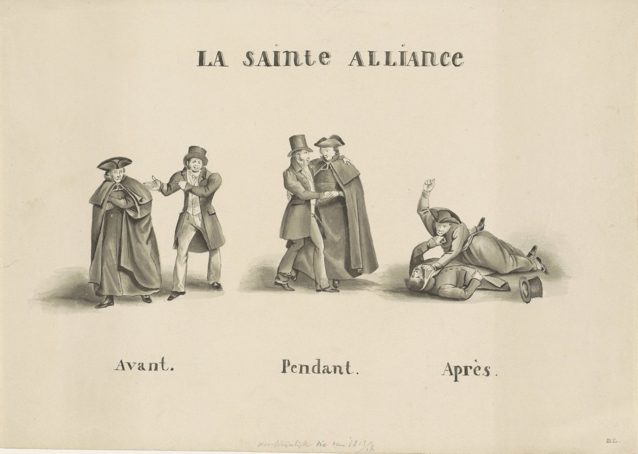 Karikatur auf die Allianz zwischen der römisch-klerikalen Partei und der liberalen Partei gegen die niederländische Regierung, 1828 von Unknown