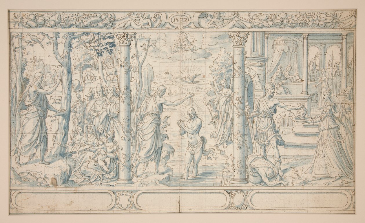Drei Szenen aus dem Leben des heiligen Johannes des Täufers; Johannes der Täufer predigt, Taufe Christi, Enthauptung Johannes des Täufers von Unknown
