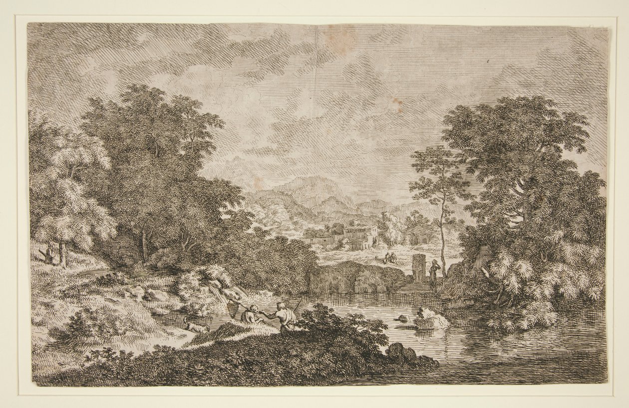 Ohne Titel [Pastorale Szene - bergige Landschaft in der Nähe eines Gewässers und fünf Figuren] von Unknown