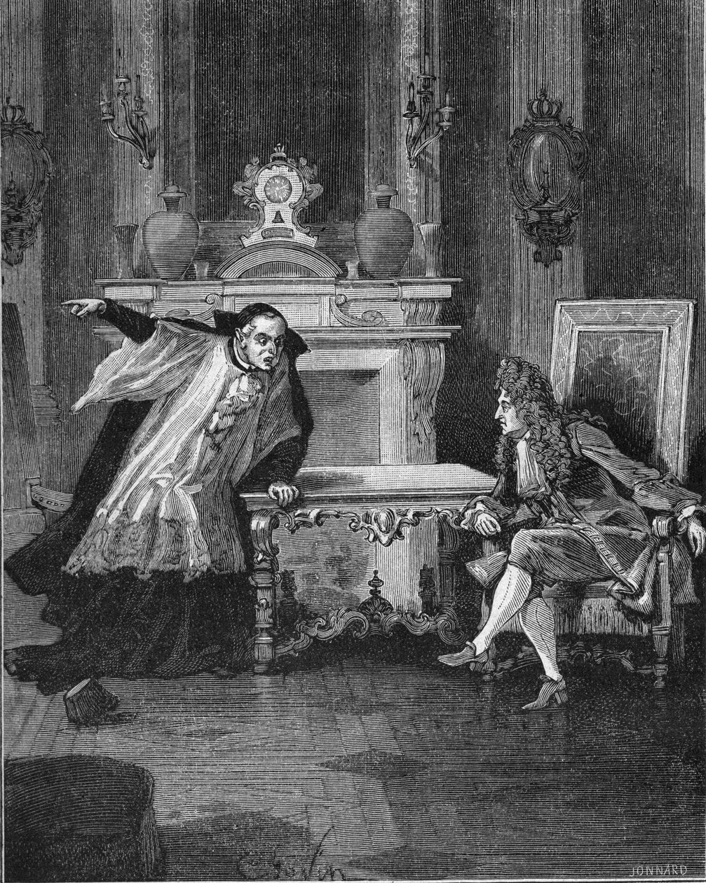 1715: Der König von Frankreich Ludwig XIV. (1638-1715) hört die Worte von Pater Michel Le Tellier (1643-1719), seinem Jesuitenbeichtvater. Gravur des 19. Jahrhunderts. In „Histoire de France“ von Jules Michelet von Unknown artist