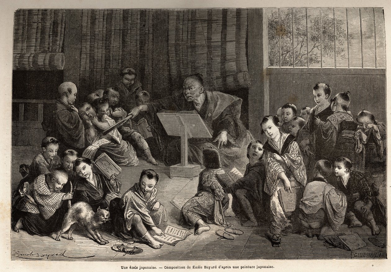 Eine japanische Schule, zur Unterweisung junger Jungen, die um ihren Lehrer hocken, lernen sie durch Rezitationsübungen die Elemente des Alphabets und der Grammatik. Gravur zur Illustration der Reise nach Japan in den Jahren 1863-1864 von Aime Humbert, Min von Unknown artist