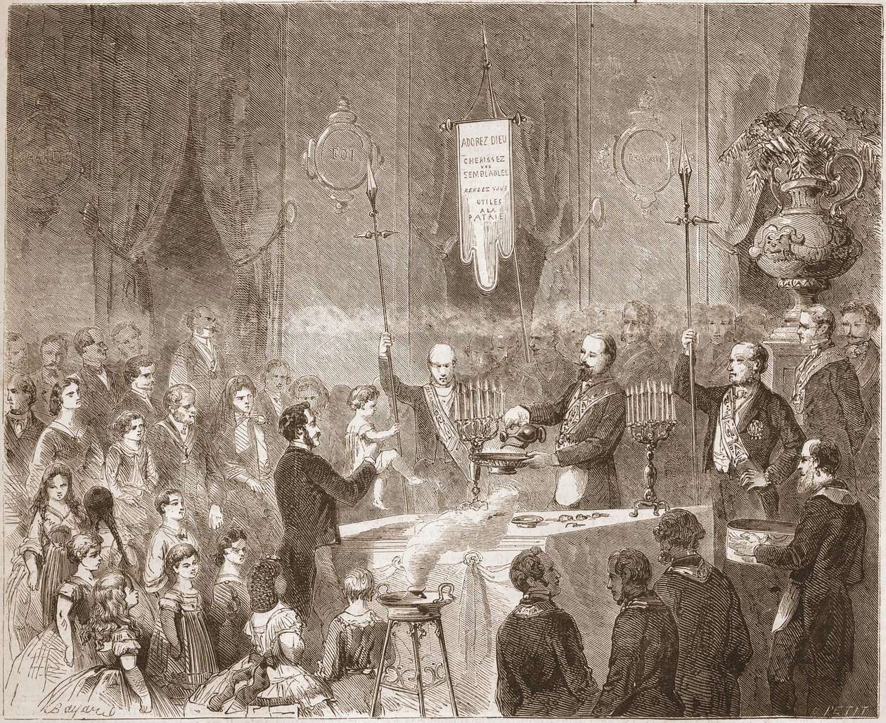 Eine Freimaurer-Taufe in der Loge der Fraternelle Amitive im Jahr 1861 von Unknown artist