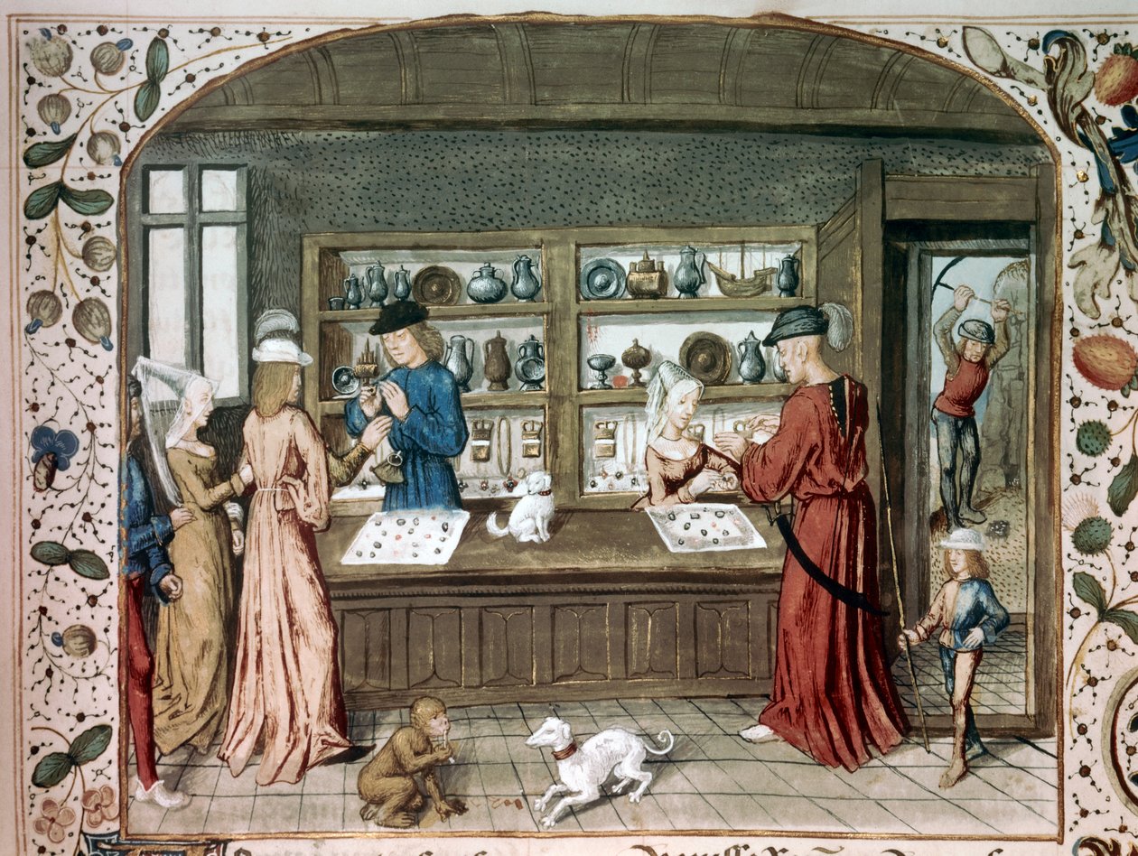 Ein Miniaturschmuckladen aus „Le lapidaire de Jean (Jehan) de Mandeville (1300-1372)“ 15. Jahrhundert Paris, B.N. von Unknown artist
