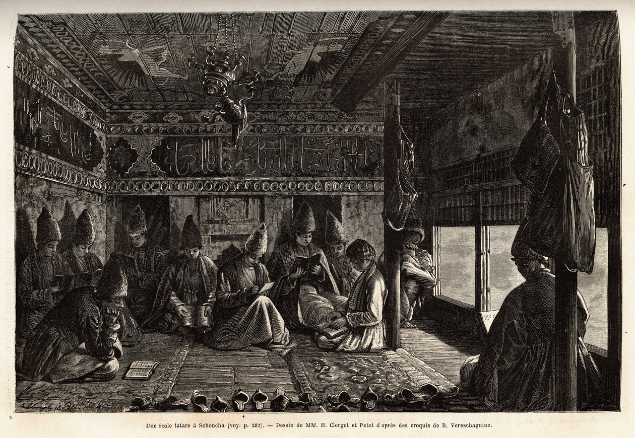 Eine tatarische Schule in Schuscha (Transkaukasien, Russland), der Unterricht wird den Jungen vom Mullah erteilt und besteht ausschließlich aus Lesen und Schreiben sowie Kommentaren zu den Versen des Korans. Illustration der Reise in die Provinzen des Ka von Unknown artist
