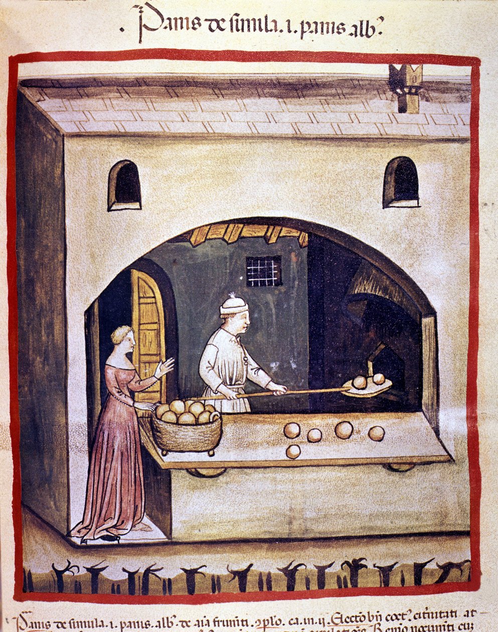 Ein Bäcker bereitet Weißbrot und Grießbrot zu. Illumination aus der Milking of Medicine and Dietetics „Tacuinum sanitatis“ von Unknown artist