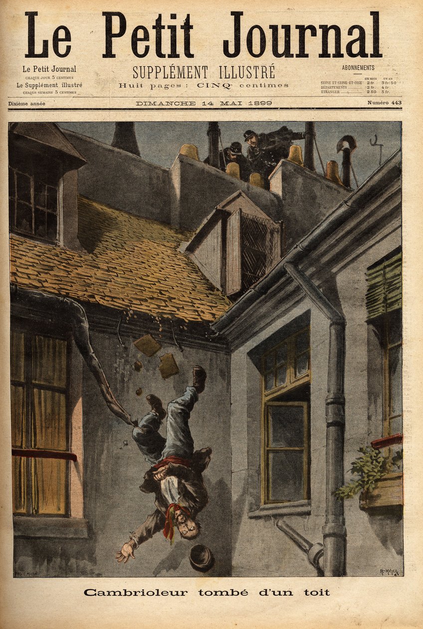 Ein Einbrecher fällt von den Dächern der Notre Dame Straße in Nazareth, in seiner Eile vor den Polizisten zu fliehen. Gravur in "Le petit journal" 14/5/1899. Selva Sammlung. von Unknown artist
