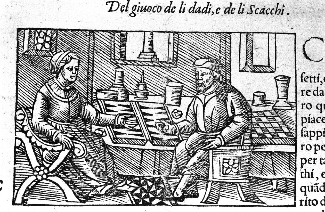 Ein Paar spielt Würfel. Gravur nach „Historia de gentis septemtrionalis“ von Olaus Magnus, Rom 1560 von Unknown artist