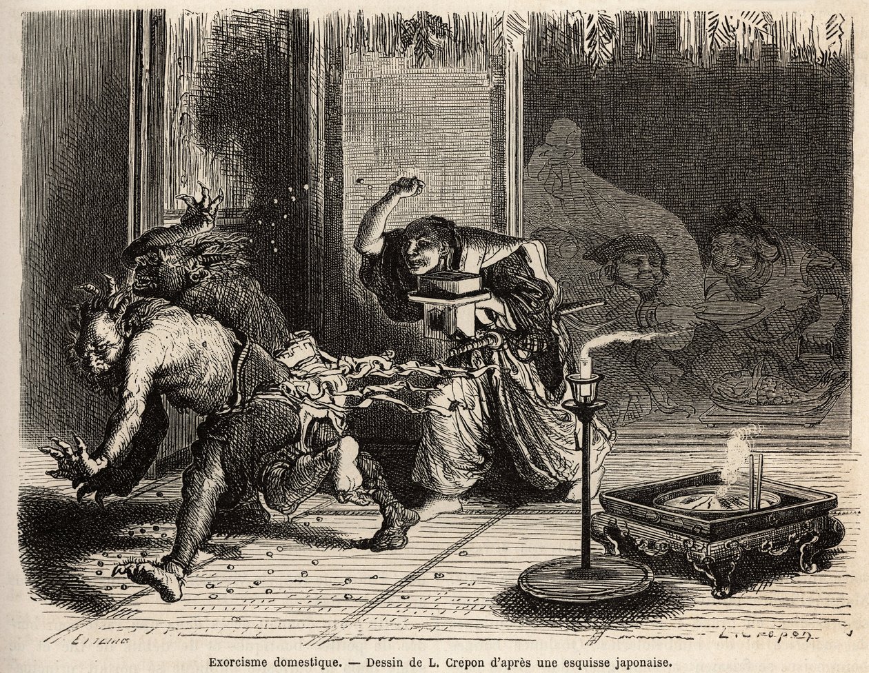 Ein häuslicher Exorzismus, Zeremonie des Oni Arahi, der Hausherr in seinen besten Kleidern, Schwert am Gürtel, geht um Mitternacht durch die Räume seines Hauses und wirft geröstete Bohnen, um Dämonen zu vertreiben und den Gott des Reichtums und seinen Begl von Unknown artist