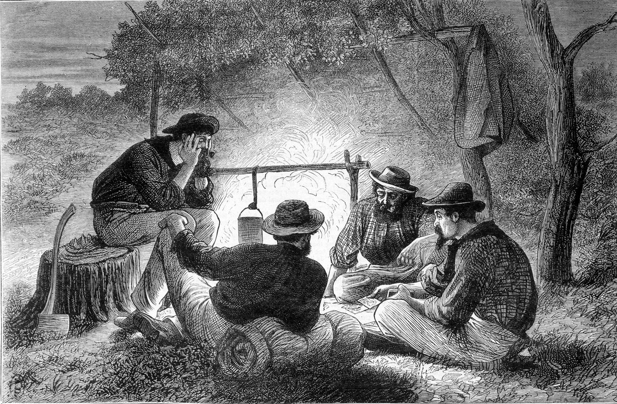 Ein Kartenspiel um ein Lagerfeuer in Queenslaw, Australien von Unknown artist