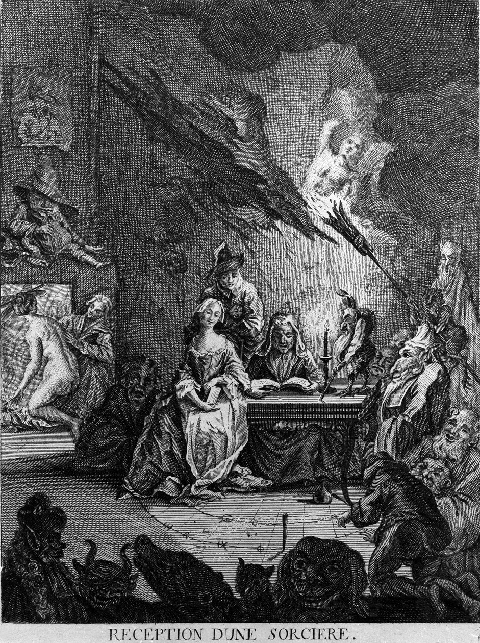 Ein Mädchen wird von einer Hexe empfangen, umgeben von monströsen Kreaturen (bei einer Initiationszeremonie?). Gravur aus dem 17. Jahrhundert von Unknown artist