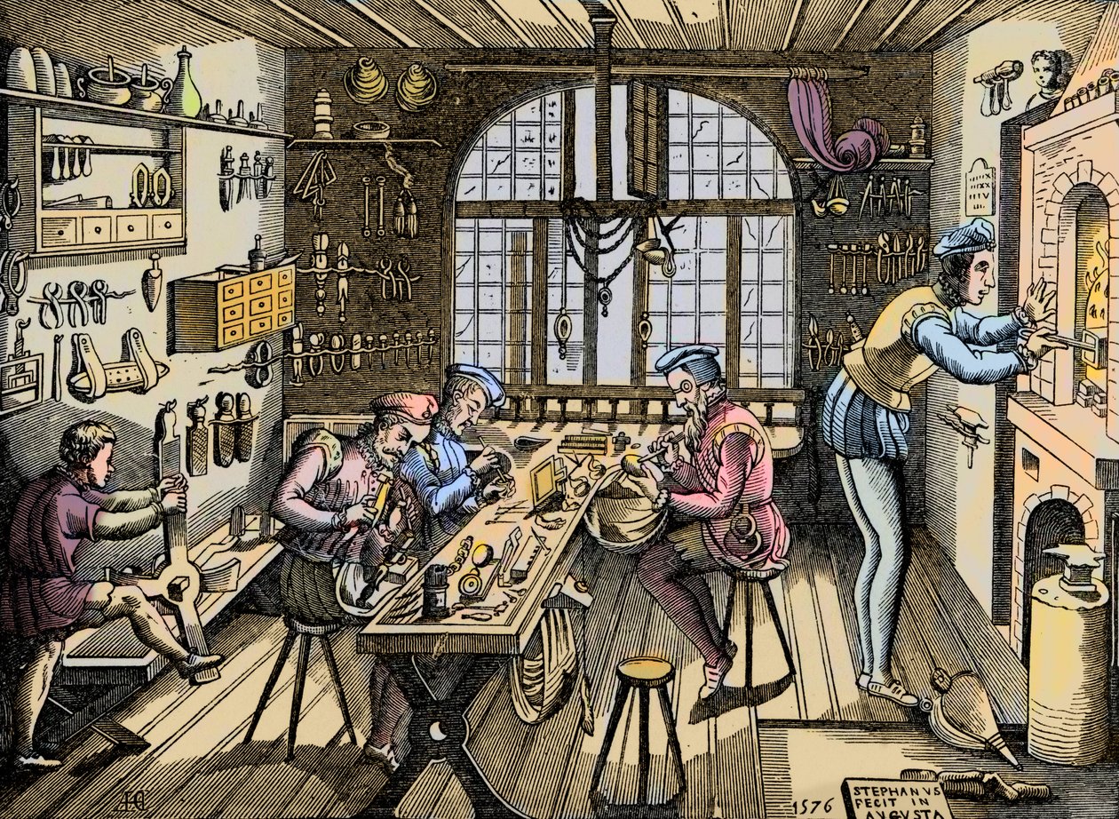 Eine Goldschmiedewerkstatt - Handwerk: Ansicht der Werkstatt von Etienne Delaune (1518-1583), Goldschmied, französischer Drucker. Gravur nach einem Original von 1576. Werkstatt von Etienne Delaulne, einem Goldschmied in Paris von Unknown artist