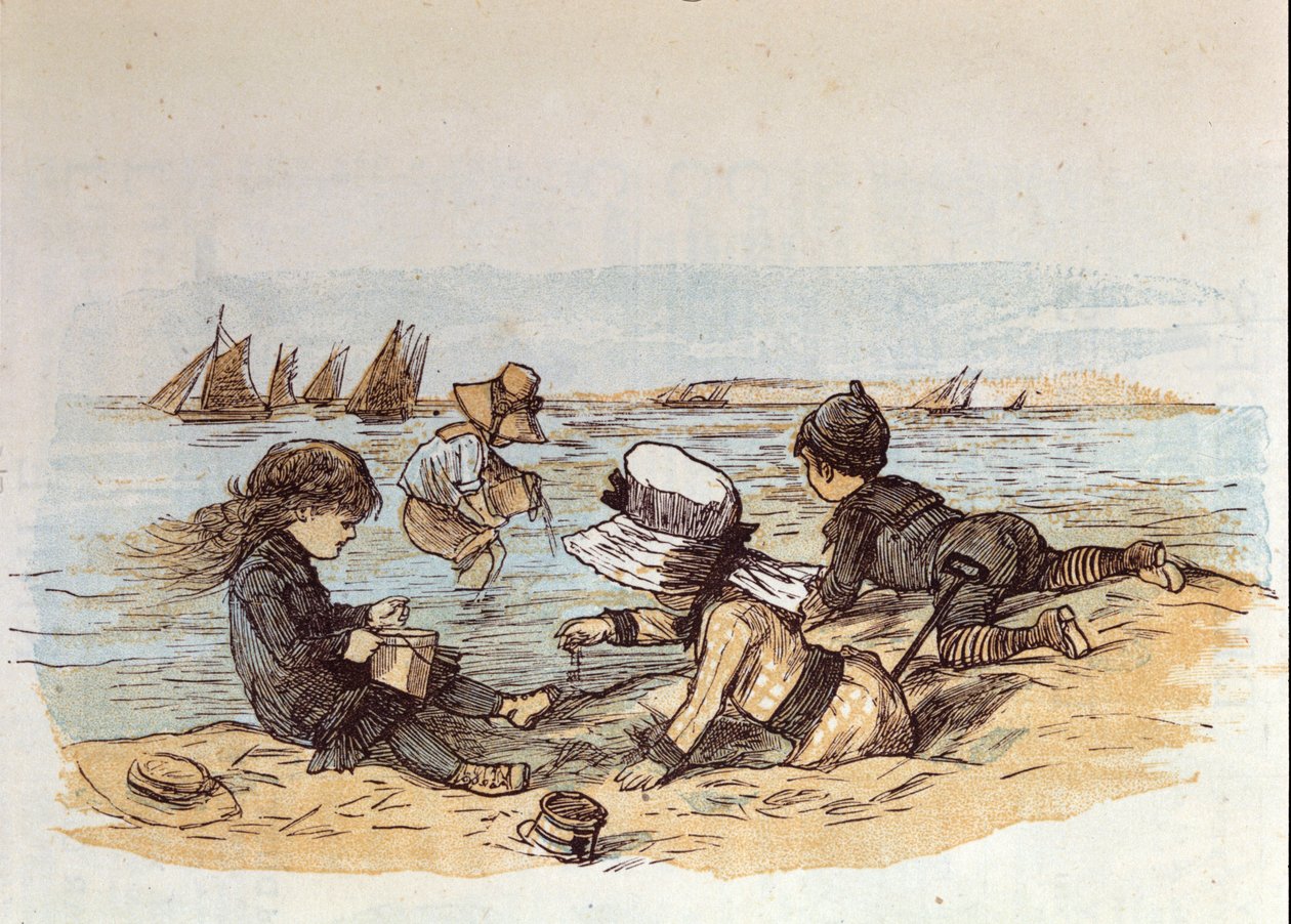 Eine Gruppe von Kindern spielt am Wasser im Sand. 1881 von Unknown artist