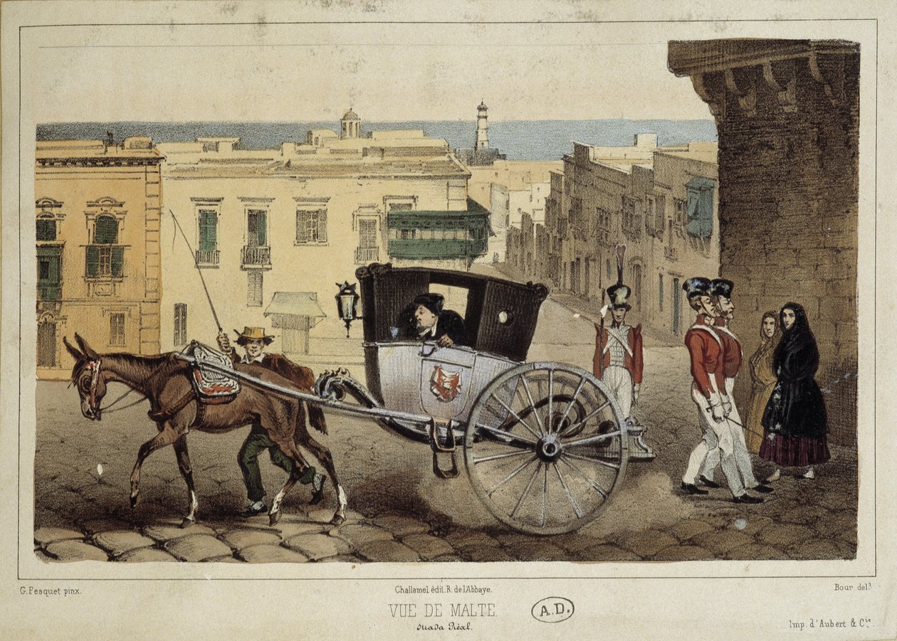 Eine Kutsche in den Straßen von Malta - Gravur von Unknown artist