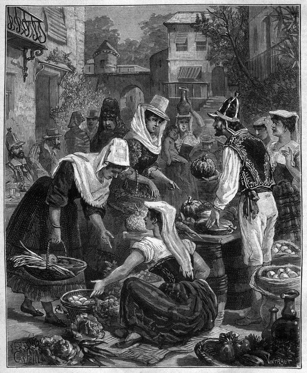 Ein Markttag in Teneriffa (Teneriffa) auf den Kanarischen Inseln im Atlantischen Ozean - Ein Spaziergangstag in Teneriffa (Teneriffa) auf den Kanarischen Inseln im Atlantischen Ozean - Gravur von 1888 von Unknown artist