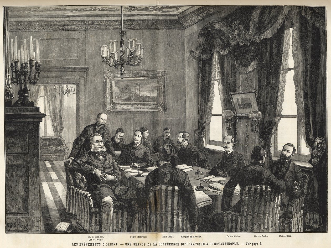 Ein Treffen der Europäischen Konferenz von Konstantinopel Serbien-Bulgarien Krieg, Türkei - Serbo-Bulgarischer Krieg - Ein Treffen der diplomatischen Konferenz in Konstantinopel - 1885 - im illustren Universum von 1886 (Alexander von Nalidov (Nelidoff) (18 von Unknown artist