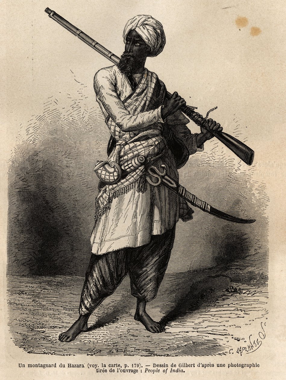 Ein Bergsteiger aus Hazara (Punjab, Indien). Gravur zur Illustration der Reise nach Pandjab und Kaschmir, Geschichte von Guillaume Lejean, 1866, veröffentlicht in "Le tour du monde, nouveau journal des voyages" von Unknown artist