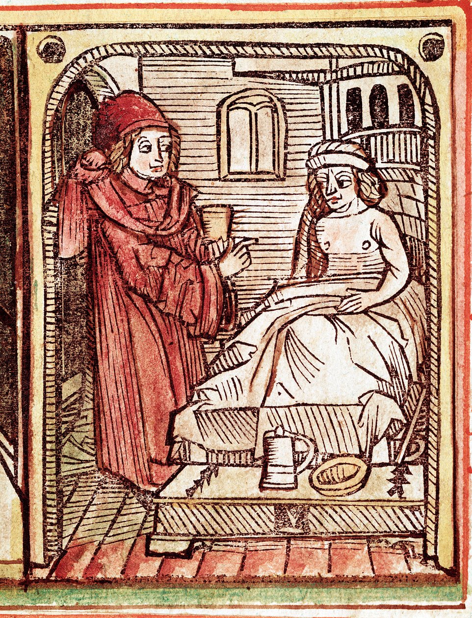 Ein Arzt gibt seinem Patienten eine Behandlung mit Heilpflanzen. Gravur aus „Tractatus de pestilentia“ 15. Jahrhundert - Prag, Nationalbibliothek von Unknown artist