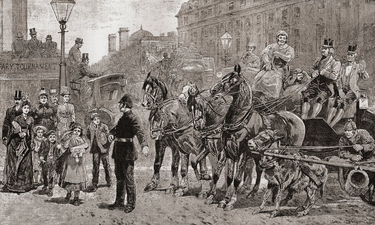 Ein Polizist stoppt den Verkehr an einer belebten Kreuzung, um Fußgängern das Überqueren der Straße zu ermöglichen, London, England von Unknown artist