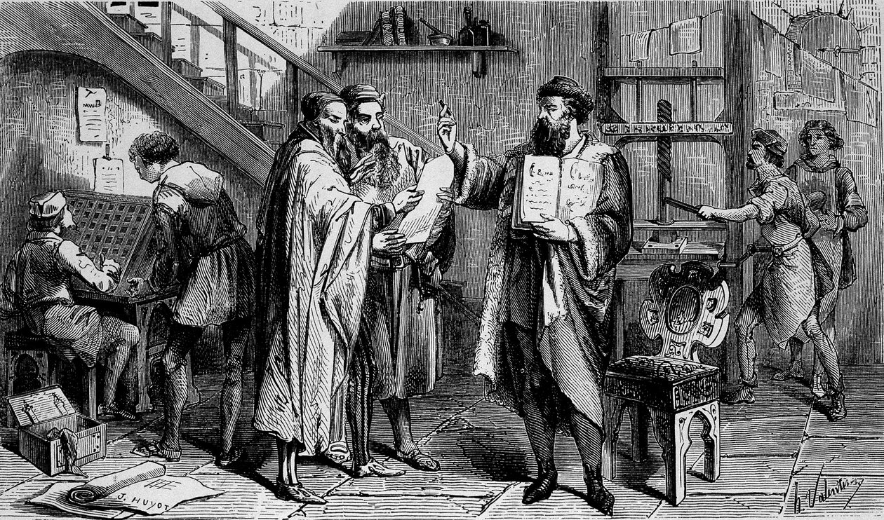 Eine Druckerei im 15. Jahrhundert, Gravur 19. Jahrhundert von Unknown artist