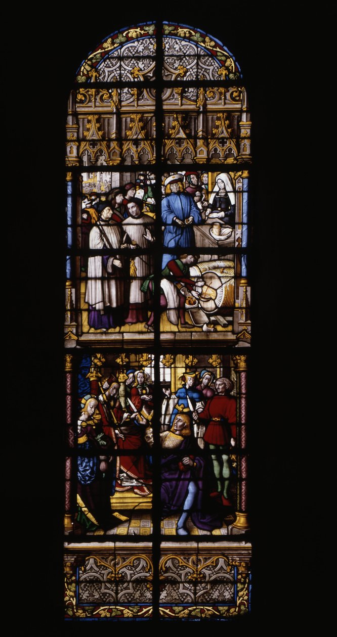 Eine Abgabe auf den Weinverkauf, war und am Tresen (oben). Zum Goldpreis, Fredegonde bewaffnet mit einem vergifteten Dolch zwei Schekels von Therouanne (unten). Buntglasfenster in der Kathedrale von Tournai: rechtes Querschiff (4). von Unknown artist