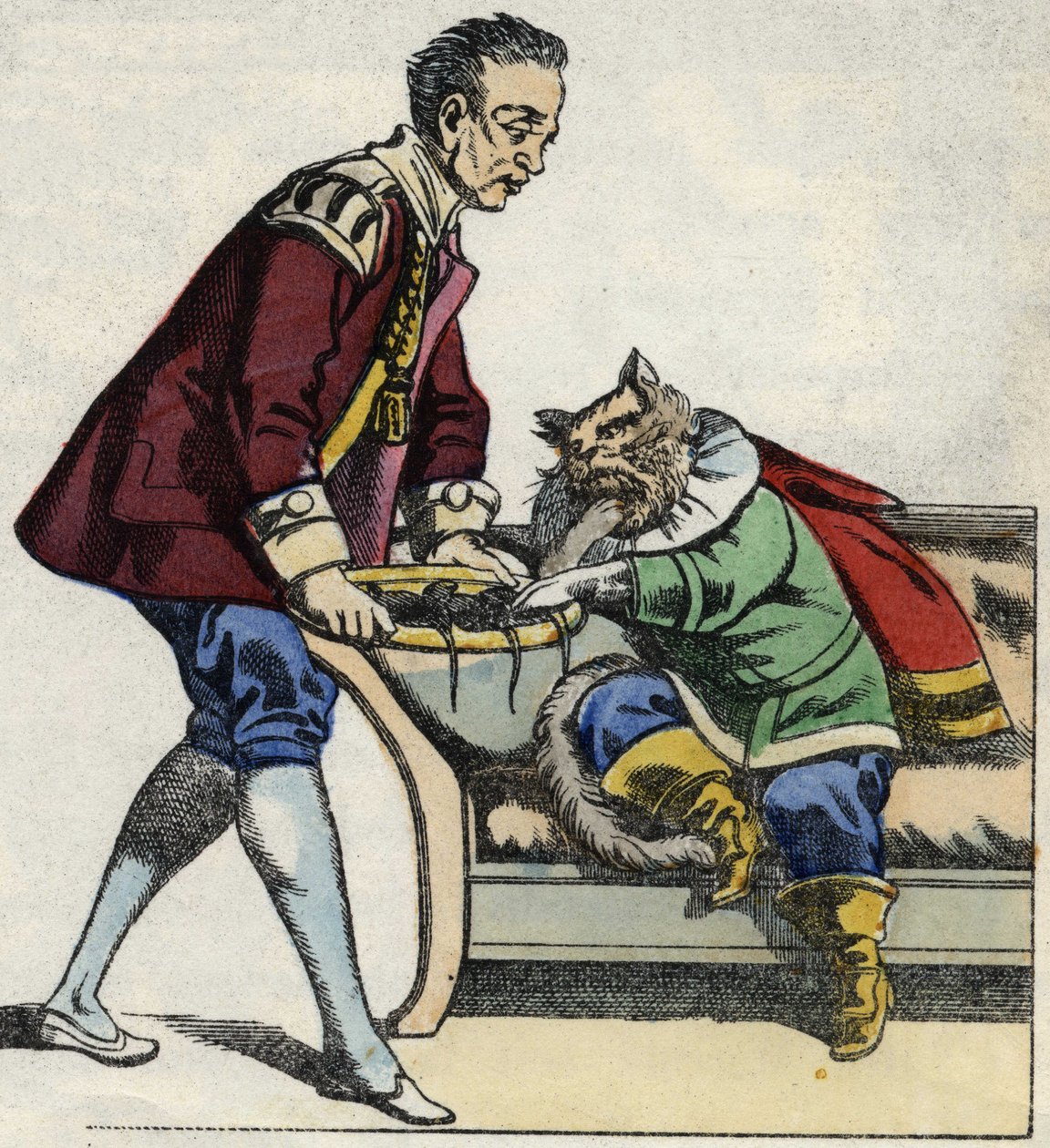 Ein Diener serviert dem gestiefelten Kater ein Tablett mit einer Maus. Illustration des Märchens „Der gestiefelte Kater“ von Charles Perrault von Unknown artist