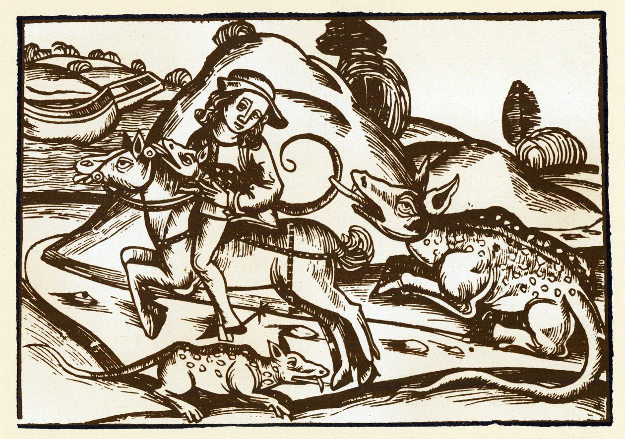 Ein Reisender trifft auf zwei monströse Tiger mit dem Aussehen von Basilisken. Die Fabeln von Äsop von Unknown artist