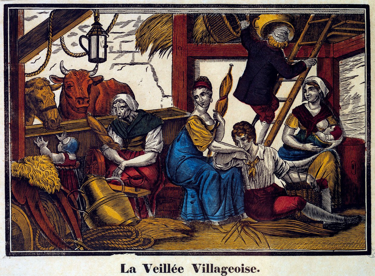 Ein Dorf bei Nacht: eine Bauernfamilie in einer Scheune. Gravur des 19. Jahrhunderts. Paris, B.N. von Unknown artist