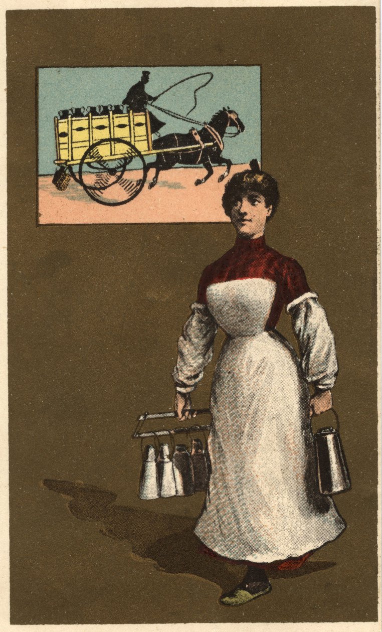 Ein gehender Milchhändler (Lieferant oder Molkerei). Anonyme Chromolithographie, späte 19. Jahrhundert. von Unknown artist