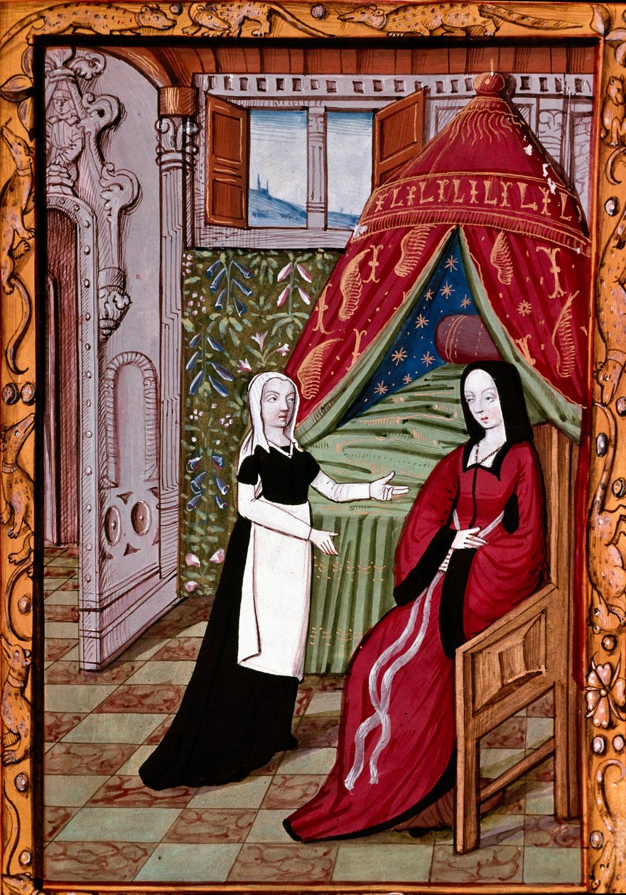 Eine junge Frau, wahrscheinlich Louise Laval (gestorben 1480), in ihrem Schlafzimmer mit ihrer Dienerin. Miniatur aus 