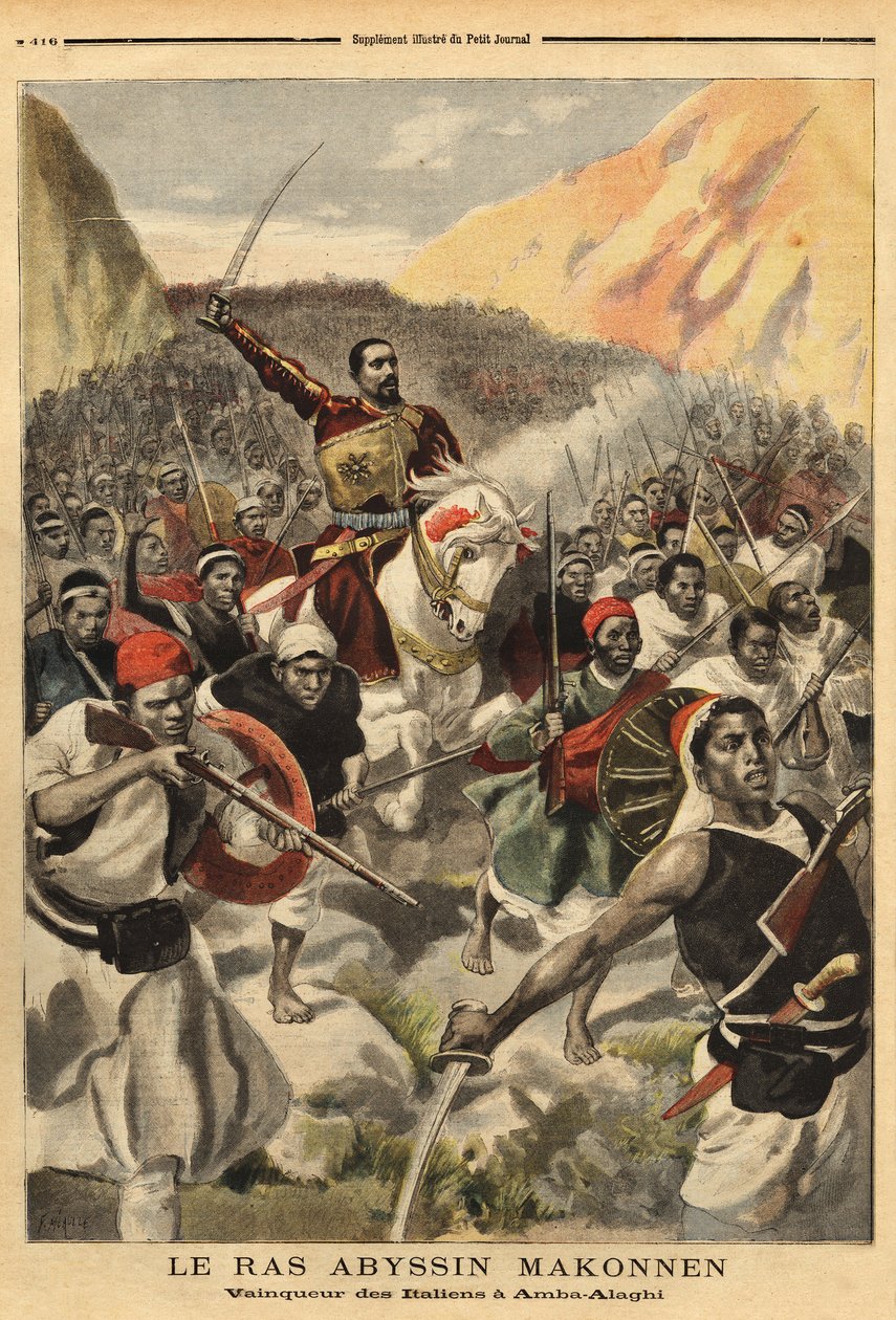 Abessinischer Ras Ras Makonnen (Mekonnen Welde Mikael) (Abba Qagnew) (1852-1906), Kriegsherr und rechte Hand von Kaiser Menelik II. (1844-1913), mit seinen Truppen, Sieger von Amba Alaghi, der italienischen Armee unter dem Kommando von Major Toselli. Gravu von Unknown artist
