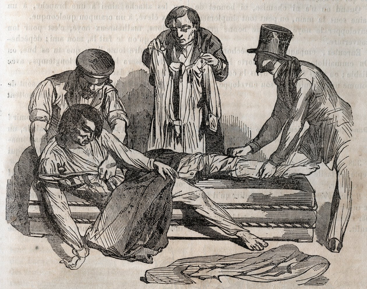 Unfallmedizin - über die wirksamste Hilfe für Ertrinkende - um sich so schnell wie möglich auszuziehen, muss man die nassen Effekte zerreißen - Gravur in „La Sante Universelle - Guide Medical des Familles“ 1852 von Unknown artist