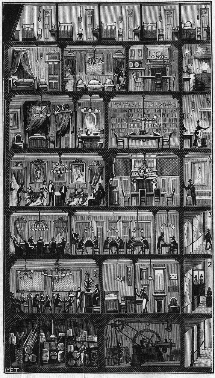 Unterkunft in Paris - Querschnitt eines Haussmann-Gebäudes in Paris im Jahr 1885. Oben die guten Zimmer und in den anderen Stockwerken Büros, Wohnungen und Empfangsräume (Versammlung). Gravur in „La Nature. Revue der Wissenschaften und ihrer Anwendungen au von Unknown artist