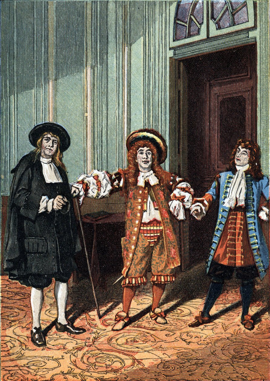Akt II von "Der Bürger als Edelmann", Komödie-Ballett in fünf Akten in Prosa von Molière. Der Meisterphilosoph (Herr Lenoir), der Tanzmeister (Herr Truffier), Herr Jourdain (Herr Coquelin der Jüngere). Um 1890. von Unknown artist
