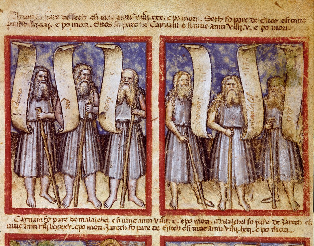 Adams Genealogie wird von Seth, Enoch (Henoch oder Enosh) Kenan, Mahalalel (Mahalaleel) und Jared (oder Yared), den großen Patriarchen der Miniaturbibel, gefolgt. Entnommen aus Codex 212 (oder Padovano oder Bibel von Padua) 1390-1400 Rovigo, Accademia dei  von Unknown artist