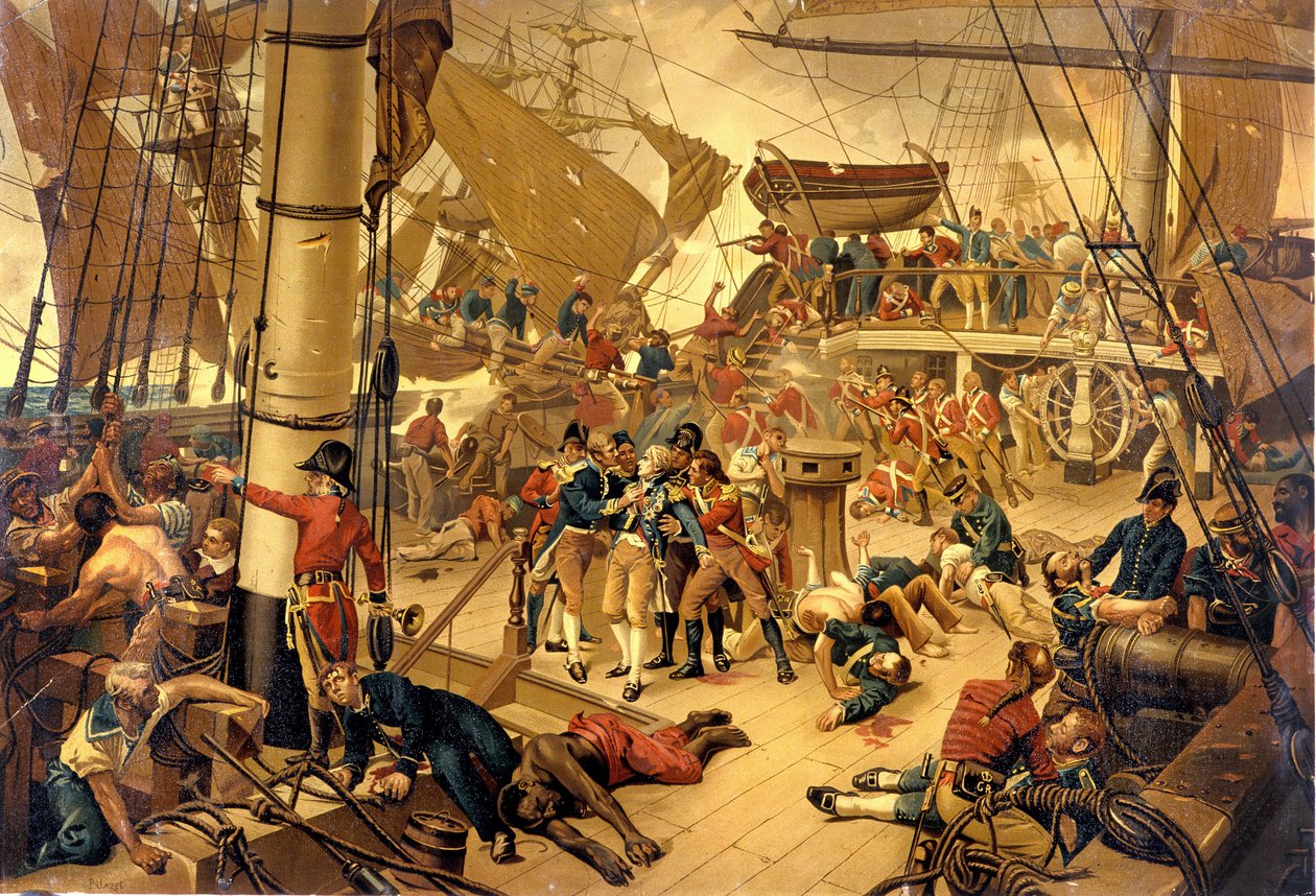 Admiral Nelson wird schwer verwundet auf der Victory Bridge während der Schlacht von Trafalgar am 21.10.1805 von Unknown artist