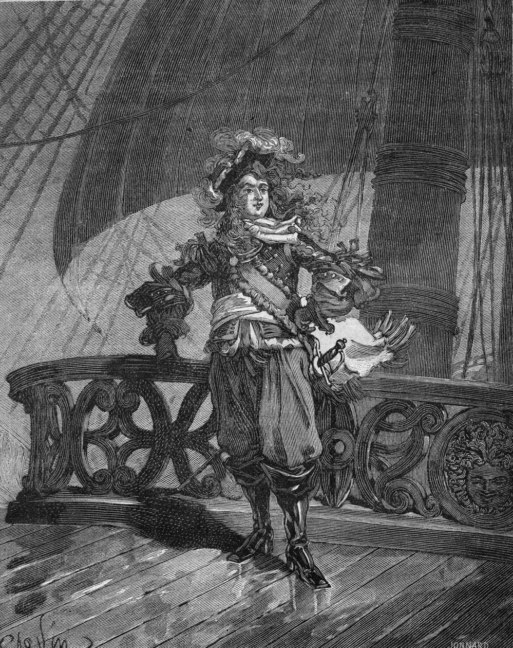 Admiral Tourville (Anne Hilarion de Costentin (Cotentin), Graf von Tourville (1642-1701) auf dem Schiff „Soleil Royal“. Gravur des 19. Jahrhunderts. In „Histoire de France“ von Jules Michelet von Unknown artist