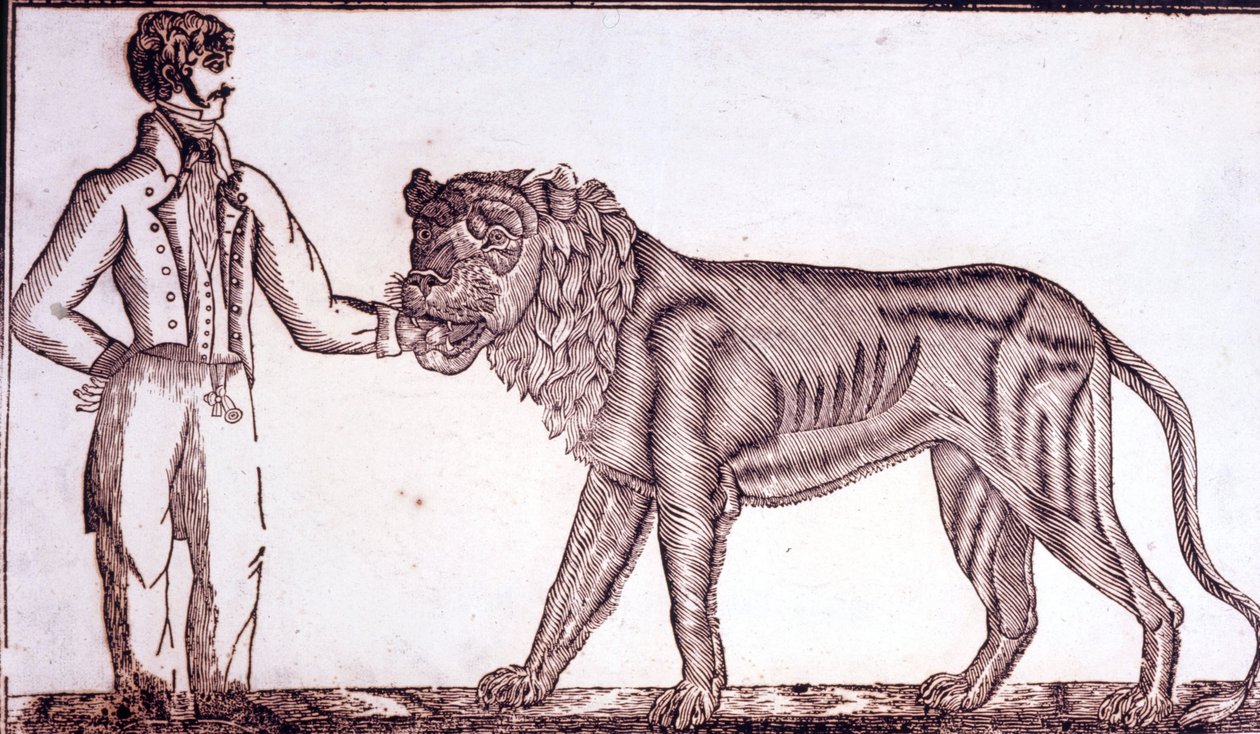 Werbung für den Zirkus im Jahr 1800, die einen Dompteur zeigt, der seine Hand in den Mund eines Löwen steckt. von Unknown artist