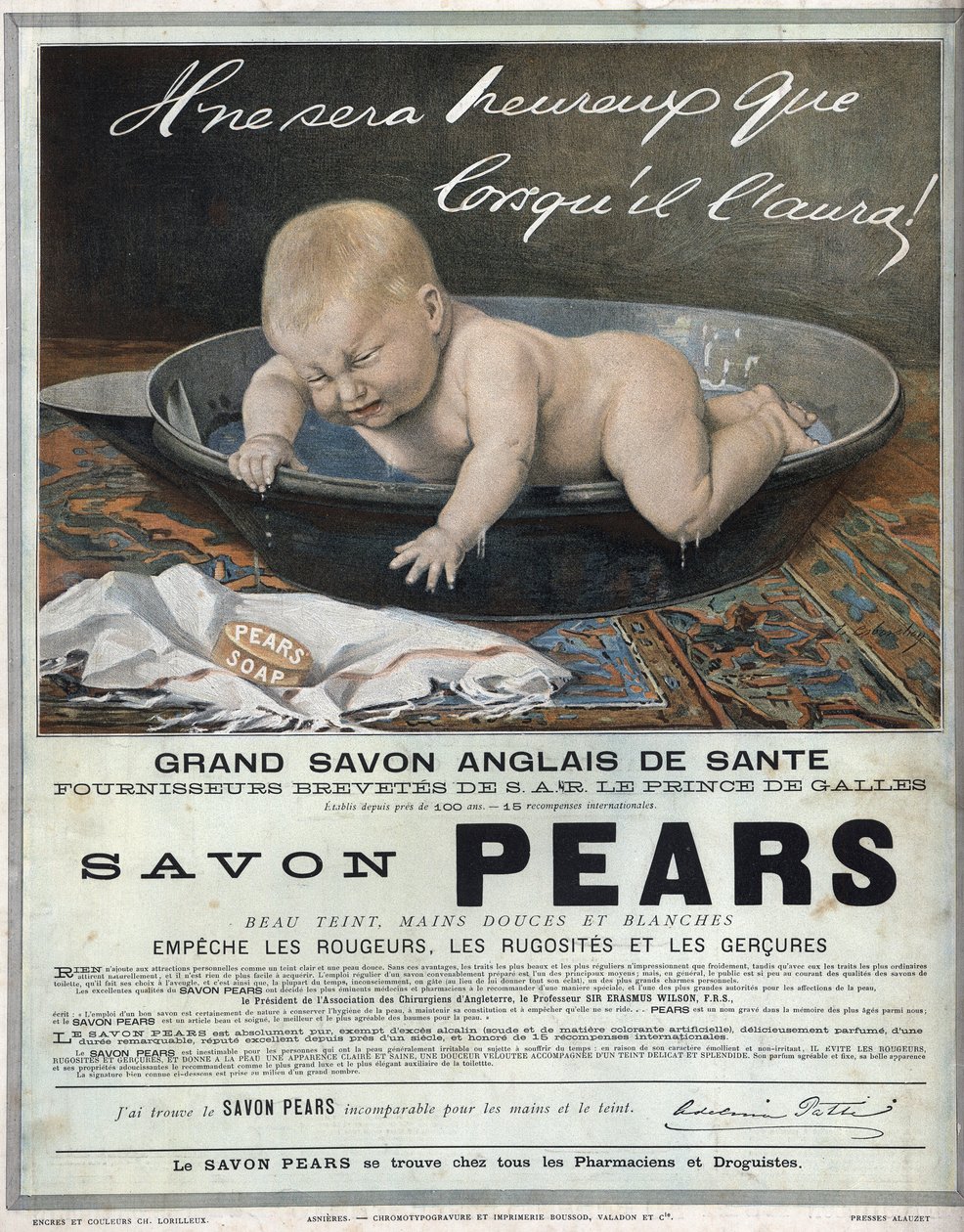Werbung von 1889 für die englische Seife „Pears“ große englische Gesundheitsseife. Ein Baby in seinem Bad macht ein Gesicht (weint) und versucht, die Seife zu fangen. von Unknown artist