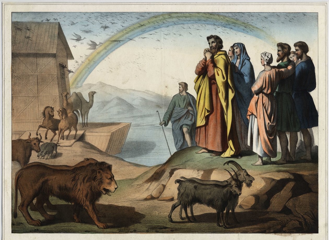 Nach der Sintflut steigen die Tiere aus der Arche. Rechts: Noah, seine Frau, seine drei Söhne (Sem, Ham und Japhet) und ihre Frauen. Unten der Regenbogen (Symbol des zwischen Noah und Gott geschlossenen Schöpfungsbundes). Anonyme Gravur aus dem 19. Jahrhun von Unknown artist