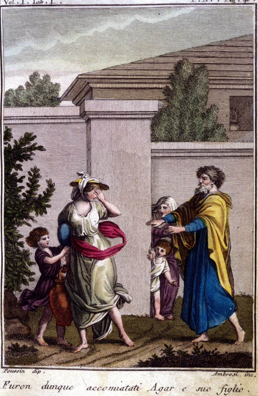 Agar und Ismael wurden von Abraham vertrieben: Agar, die entlassen wurde, ging mit ihrem Sohn Ismael nach der Geburt Isaaks. Gravur aus dem frühen 19. Jahrhundert. von Unknown artist