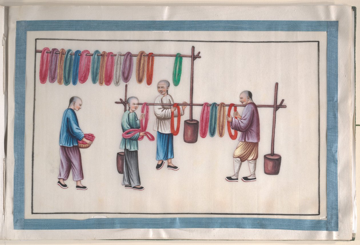 Album mit zwölf Gemälden von Menschen, die Seide herstellen von Unknown Artist