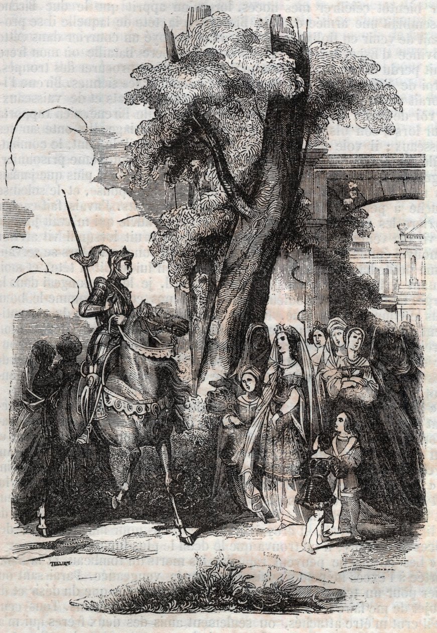 Alcina und ihr Hof kommen, um Ruggiero zu begrüßen - Gravur von 1851 aus dem Gedicht Orlando furioso (1516) von Ludovico Ariosto - Ausgabe, übersetzt aus dem Italienischen von Graf von Tressan und veröffentlicht von Gustave Harvard 1851 von Unknown artist