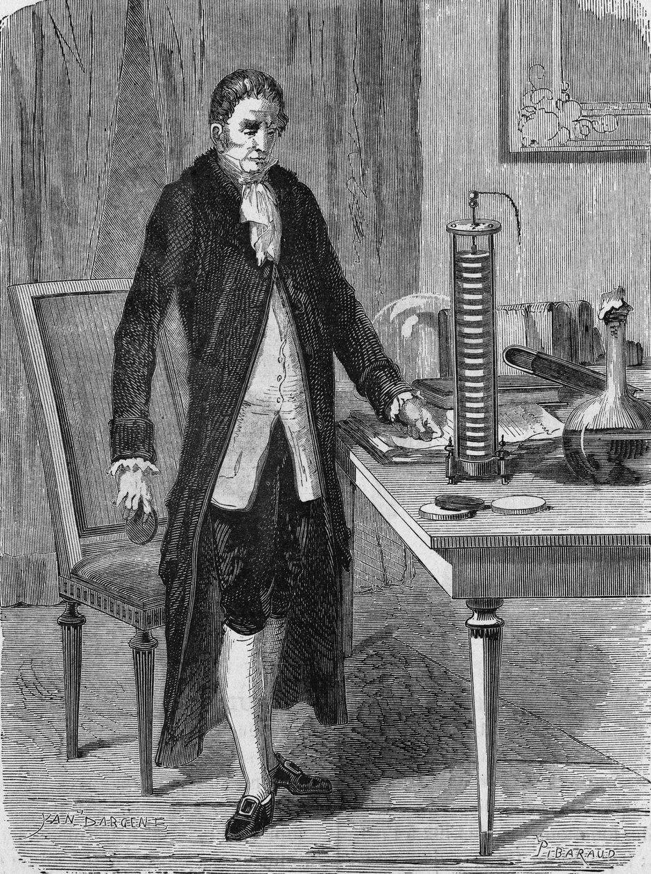 Alexander (Alessandro) Volta baute im Dezember 1799 den Elektromotor (oder die Batterie). In „Album de la Science“, Éditions Jouvet von Unknown artist