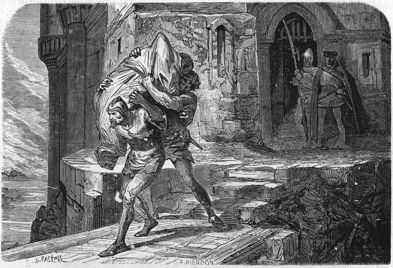 Alexander, König und Bastard von Bourbon, wurde in einen Sack genäht und in die Dämmerung geworfen, um ihn durch den Delfin, den zukünftigen Ludwig XI., zu ersetzen. Gravur des 19. Jahrhunderts von Unknown artist