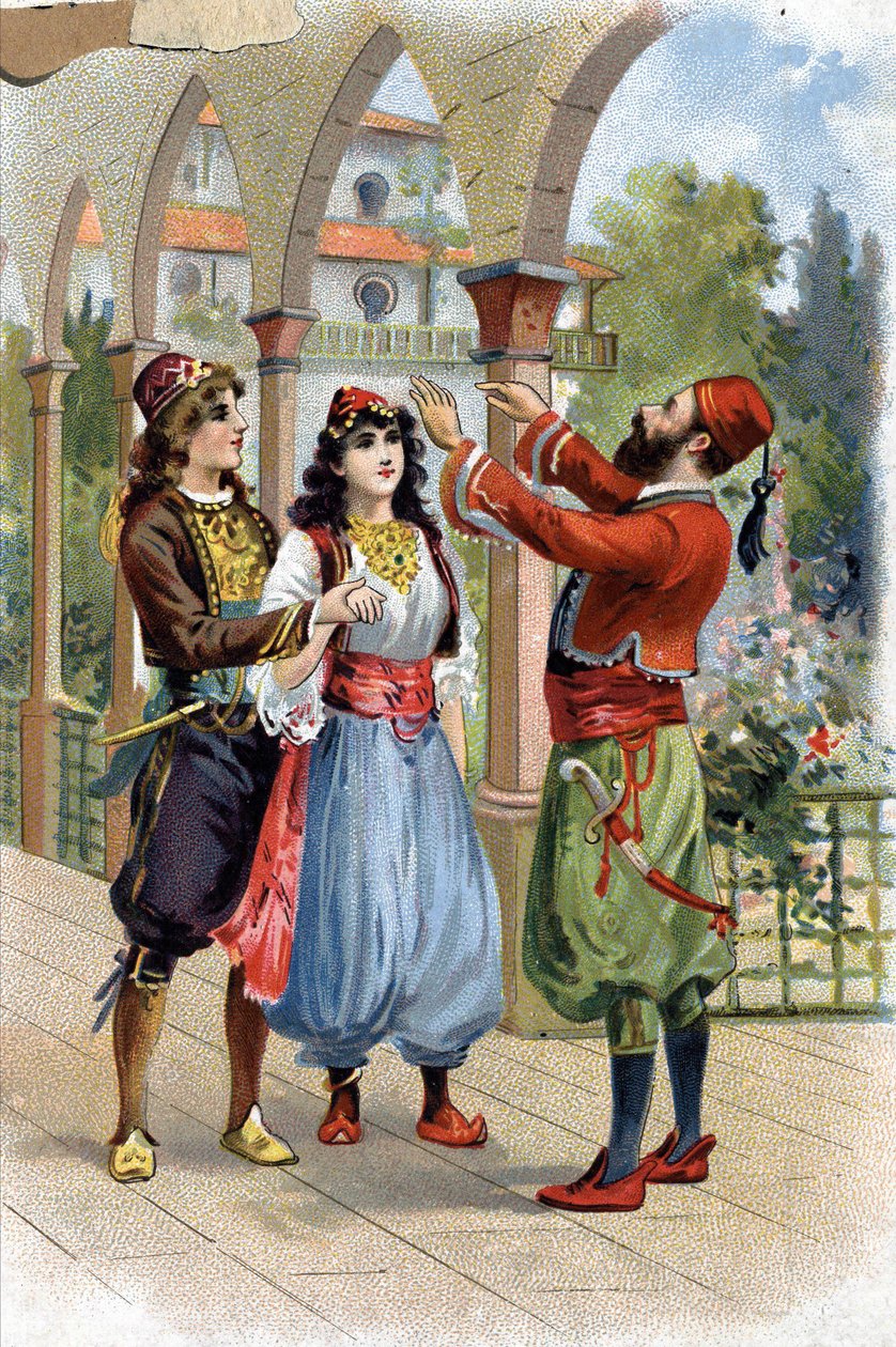 Ali Baba. (Ali-Baba) (Geschichten aus Tausendundeiner Nacht): Um Morgiane zu belohnen, gibt Ali Baba sie seinem Sohn zur Ehe. Chromolithographie des 19. Jahrhunderts von Unknown artist