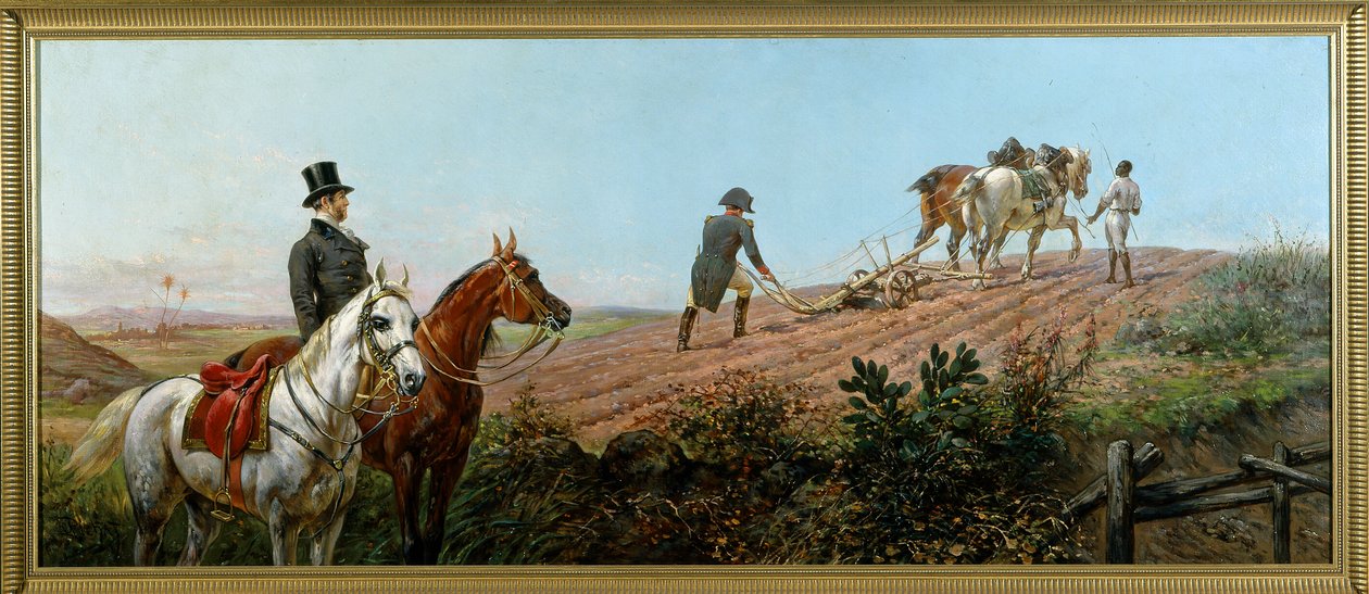 Allegorie, die Napoleon beim Pflügen unter der Aufsicht seines schwarzen Dieners auf St. Helena darstellt, Öl auf Leinwand von Olivier Pichat (1825 - 1912) von Unknown artist