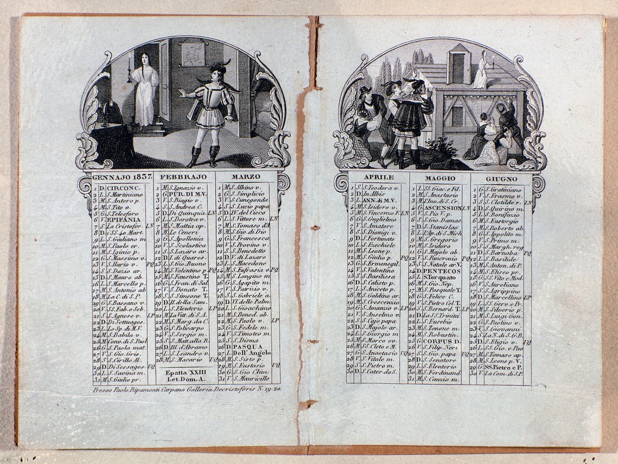 Almanach-Kalender des Jahres 1837, dekoriert mit Szenen aus der Oper La sonnambula, von Vincenzo Bellini von Unknown artist