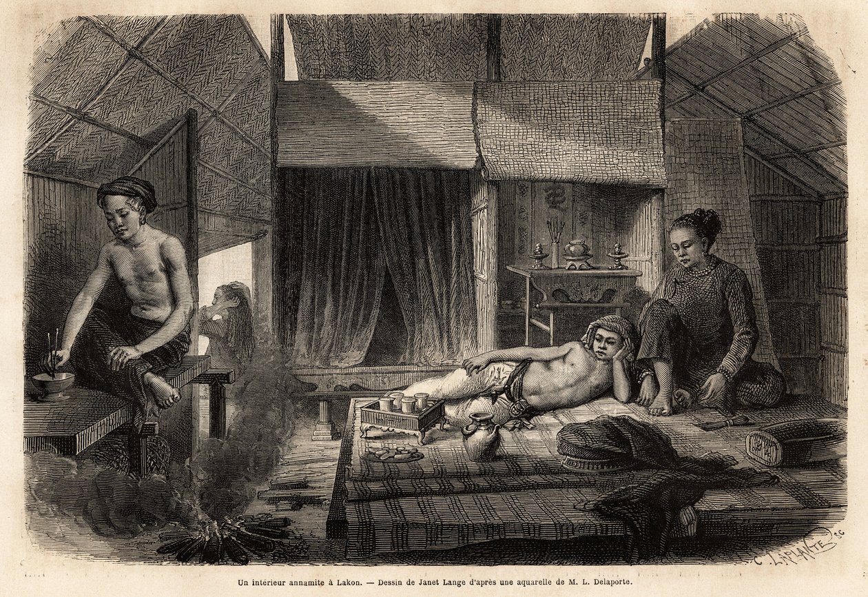Ein annamitisches Interieur in Lakon (Laos). Gravur zur Illustration der Entdeckungsreise in Indochina, von Francis Garnier, Leutnant de Vaissseau, 1866-1868, veröffentlicht in „Le tour du monde“ 1870-1871, herausgegeben von Edouard Charton, Edition Hachet von Unknown artist