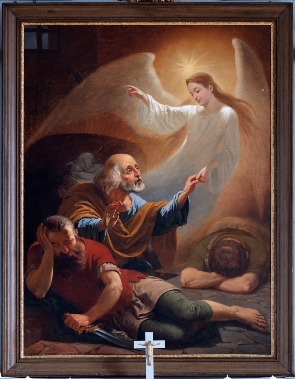 Ein Engel befreit den heiligen Petrus aus dem Gefängnis, gezeichnet von F. Devigne (?) von Unknown artist